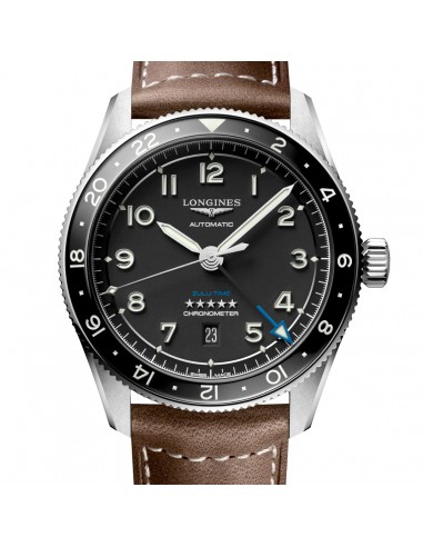 Longines Spirit 42MM Zulu Time GMT Black Leather Steel Watch L38124532 pas chere