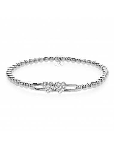 Hulchi Belluni Fidget Bracelet with Two Pave Diamond Moveable Heart Stations White Gold Stretch Stackable Faites des économies